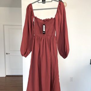 NWT Nasty Gal Puff Sleeve Linen Look Midi Smock Dress- US size 0 in Rust